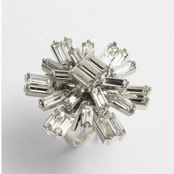NWT Kate Spade Statement 6 Crystal Snowflake Rosette Large Cocktail Silver Ring - Picture 1 of 8